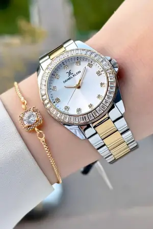 Gold Gümüş Renk 34 Mm Hediye Paketli Kadın Kol Saati ve Hediye Baget Bileklik