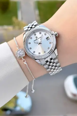 Gümüş Renk Kadın Kol Saati ve Hediye Baget Bileklik