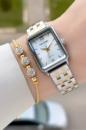 Gold Gümüş Renk Kadın Kol Saati ve Bileklik