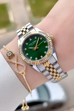 Kadranı Yeşil Gold Gümüş Renk 30 mm Kadın Kol Saati ve Bileklik