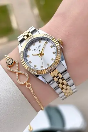 Gold Gümüş Renk 30 mm Kadın Kol Saati ve Bileklik