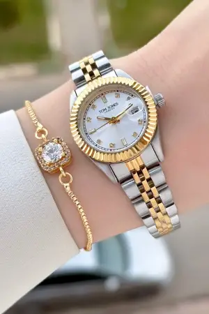 Gold Gümüş Renk 25 Mm Kadın Kol Saati ve Bileklik