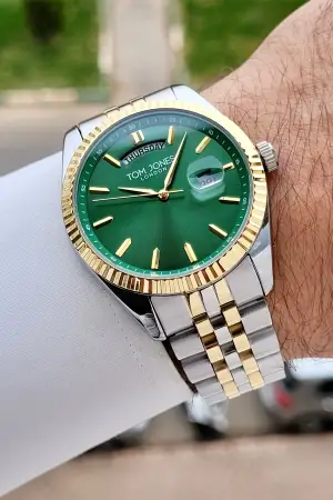Kadranı Yeşil Kordonu Gold Gümüş Renk 40 mm Erkek Kol Saati
