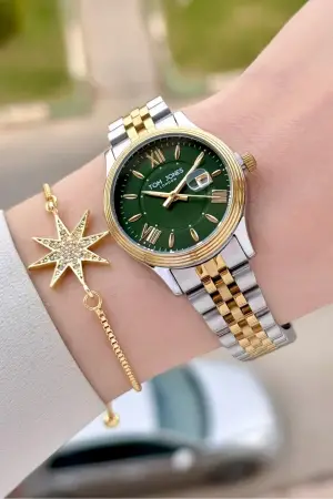 Kadranı Yeşil Gold Gümüş Renk 30 mm Kadın Kol Saati ve Bileklik