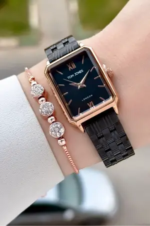 Kasası Rose Kordonu Siyah Renk Kadın Kol Saati ve Bileklik