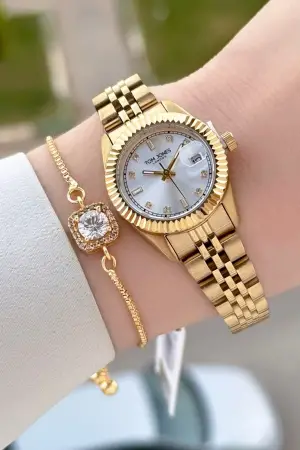 Gold Renk 25 Mm Kadın Kol Saati ve Bileklik