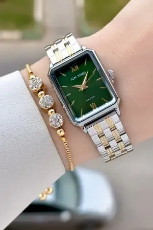 Kadranı Yeşil Gold Gümüş Renk Kadın Kol Saati ve Bileklik