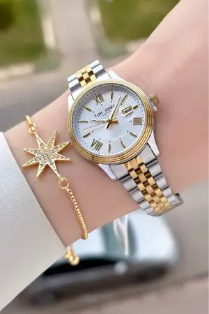 Gold Gümüş Renk 30 mm Kadın Kol Saati ve Bileklik