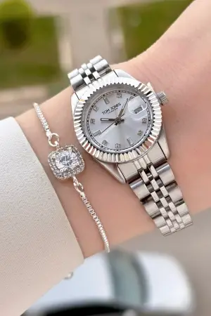 Gümüş Renk 25 Mm Kadın Kol Saati ve Bileklik