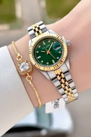 Kadranı Yeşil Gold Gümüş Renk 25 Mm Kadın Kol Saati ve Bileklik