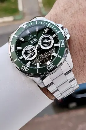 Kadranı Yeşil Kordonu Gümüş Renk Otomatik Takvimli Hediye Paketli Erkek Kol Saati