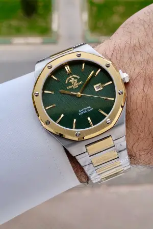 Kadranı Yeşil Kordonu Gold Gümüş Renk 41 mm Renk Atmaz Oksitlenmez Çelik Erkek Kol Saati