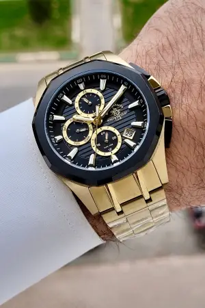 Kadranı Siyah Kordonu Gold Renk 44 mm Renk Atmaz Oksitlenmez Çelik Erkek Kol Saati