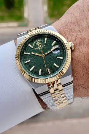 Kadranı Yeşil Kordonu Gold Gümüş Renk 40 mm Renk Atmaz Oksitlenmez Çelik Erkek Kol Saati