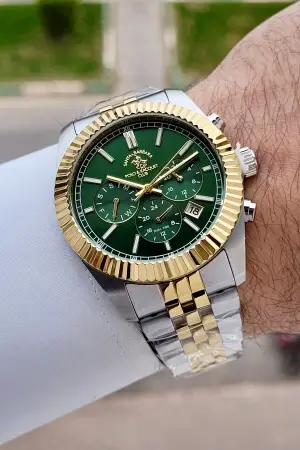 Kadranı Yeşil Kordonu Gold Gümüş Renk 41 mm Renk Atmaz Oksitlenmez Çelik Erkek Kol Saati