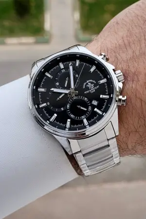 Kadranı Siyah Kordonu Gümüş Renk 44 mm Renk Atmaz Oksitlenmez Çelik Erkek Kol Saati