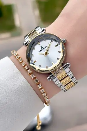 Gold Gümüş Renk Kesme Camlı Kadın Kol Saati Ve Bileklik