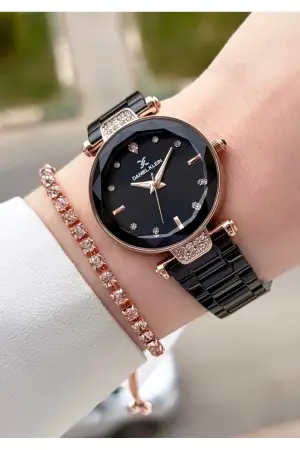 Rose Siyah Renk Kesme Camlı Kadın Kol Saati ve Bileklik