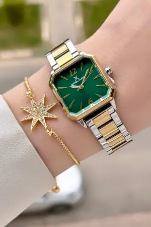 Kadranı Yeşil Kordonu Gold Gümüş Renk 26 mm Kadın Kol Saati ve Bileklik
