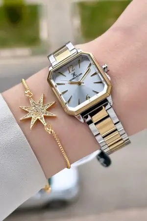 Gold Gümüş Renk 26 mm Kadın Kol Saati ve Bileklik