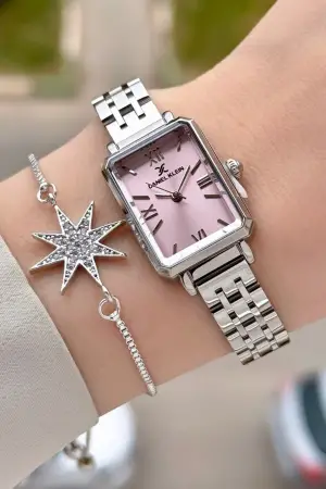 Kadranı Pembe Kordonu Gümüş Renk Kadın Kol Saati ve Bileklik