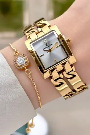 Gold Renk 24 Mm Zincirli Kadın Kol Saati ve Hediye Bileklik