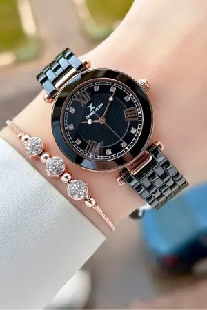 Kasası Rose Kordonu Siyah Renk 32 mm Seramik Kadın Kol Saati ve Bileklik