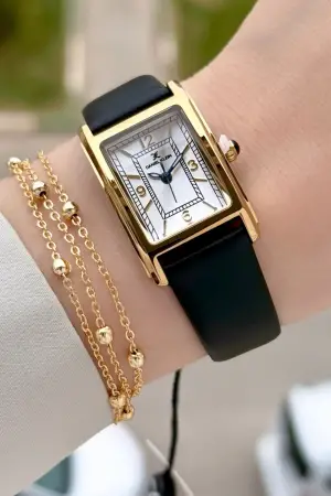 Kasası Gold Kordonu Siyah Renk Kadın Kol Saati ve Bileklik