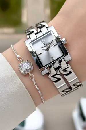 Gümüş Renk 24 Mm Zincirli Kadın Kol Saati ve Hediye Bileklik