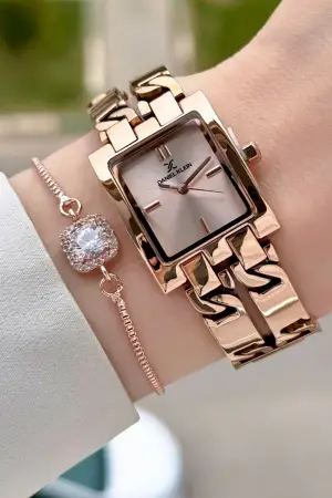 Rose Renk 24 Mm Zincirli Kadın Kol Saati ve Hediye Bileklik