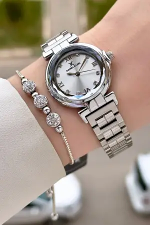 Gümüş Renk 30 Mm Kristal Cam Kadın Kol Saati ve Hediye Bileklik