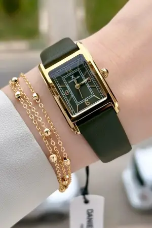 Kasası Gold Kordonu Yeşil Renk Kadın Kol Saati ve Bileklik