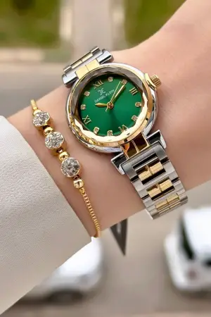 Kadranı Yeşil Kordonu Gold Gümüş Renk 30 Mm Kadın Kol Saati ve Bileklik