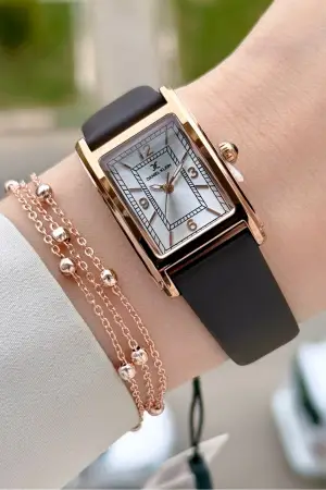 Kasası Rose Kordonu Kahverengi Renk Kadın Kol Saati ve Bileklik