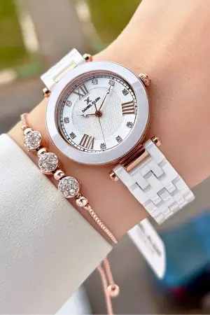 Kasası Rose Kordonu Beyaz Renk 32 mm Seramik Kadın Kol Saati ve Bileklik