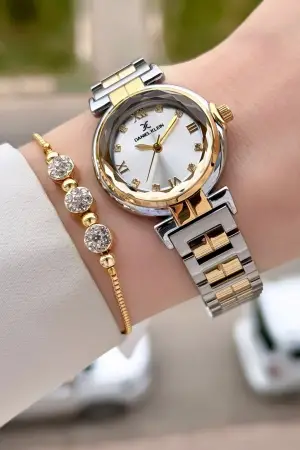 Gold Gümüş Renk 30 Mm Kristal Cam Kadın Kol Saati ve Hediye Bileklik