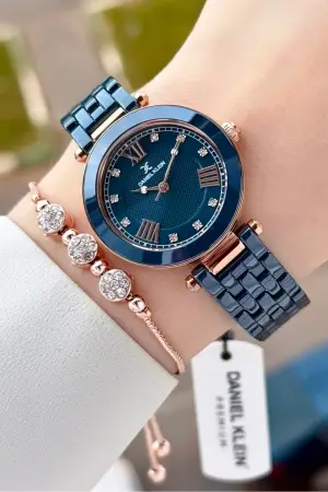 Kasası Rose Kordonu Lacivert Renk 32 mm Seramik Kadın Kol Saati ve Bileklik