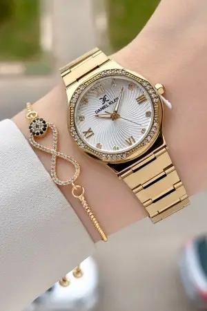 Gold Renk 30 Mm Kadın Kol Saati ve Hediye Bileklik