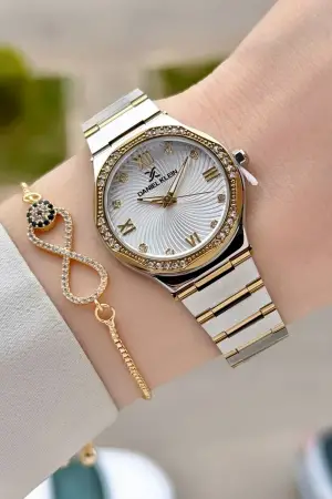 Gold Gümüş Renk 30 Mm Kadın Kol Saati ve Hediye Bileklik