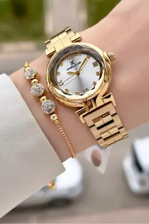 Gold Renk 30 Mm Kristal Cam Kadın Kol Saati ve Hediye Bileklik