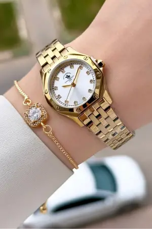 Gold Renk 27,5 Mm Tam Çelik 5 ATM Su Geçirmez Kadın Kol Saati ve Bileklik