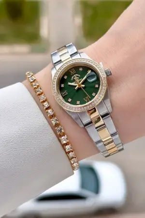 Kadranı Yeşil Kordonu Gold Gümüş Renk Tam Çelik 5 ATM Su Geçirmez Kadın Kol Saati ve Bileklik