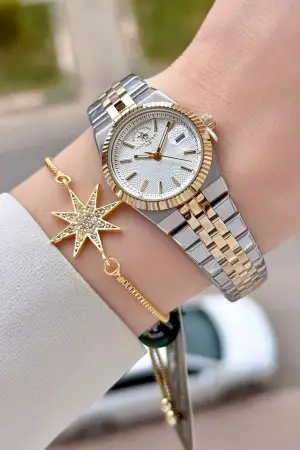 Gold Gümüş Renk 26 Mm Tam Çelik 5 ATM Su Geçirmez Kadın Kol Saati ve Bileklik