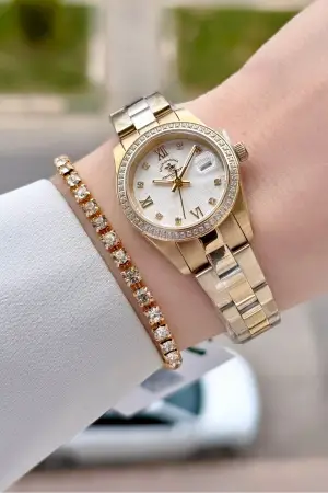 Gold Renk 26 Mm Tam Çelik 5 ATM Su Geçirmez Kadın Kol Saati ve Bileklik