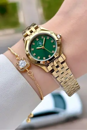 Kadranı Yeşil Korodnu Gold Renk 27,5 Mm Tam Çelik 5 ATM Su Geçirmez Kadın Kol Saati ve Bileklik