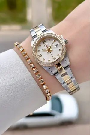 Gold Gümüş Renk 26 Mm Tam Çelik 5 ATM Su Geçirmez Kadın Kol Saati ve Bileklik