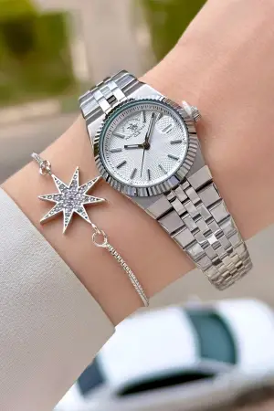 Gümüş Renk 26 Mm Tam Çelik 5 ATM Su Geçirmez Kadın Kol Saati ve Bileklik
