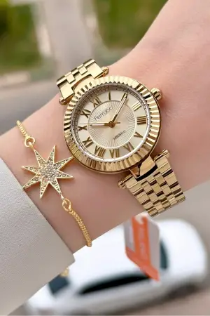 Gold Renk 35 Mm Hediye Paketli Kadın Kol Saati ve Bileklik