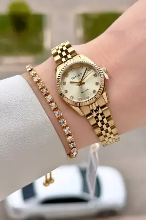 Gold Renk 24 Mm Tam Çelik Paslanmaz Kadın Kol Saati ve Bileklik