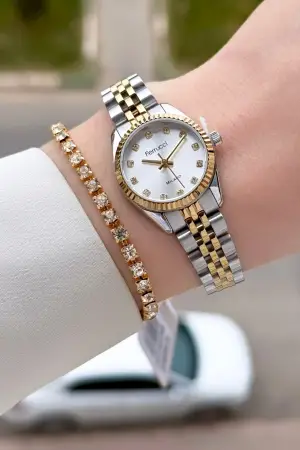 Gold Gümüş Renk 24 Mm Tam Çelik Paslanmaz Kadın Kol Saati ve Bileklik